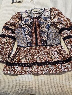 Sea New Tork Boho Floral Mixed-Print Long Sleeve Peplum Top